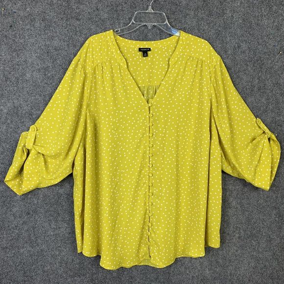 Torrid 4 Button Up Blouse Chartreuse Yellow W/ Polka Dots Covered Buttons 3/4 Sl - Picture 1 of 13